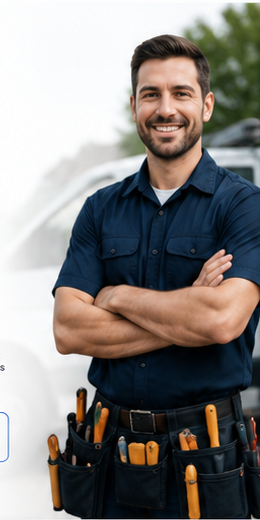 Home service contractor standing beside a service vehicle