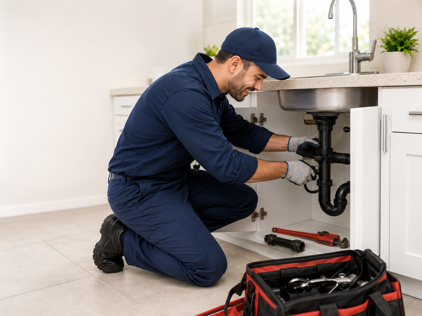 Plumber working under a sink